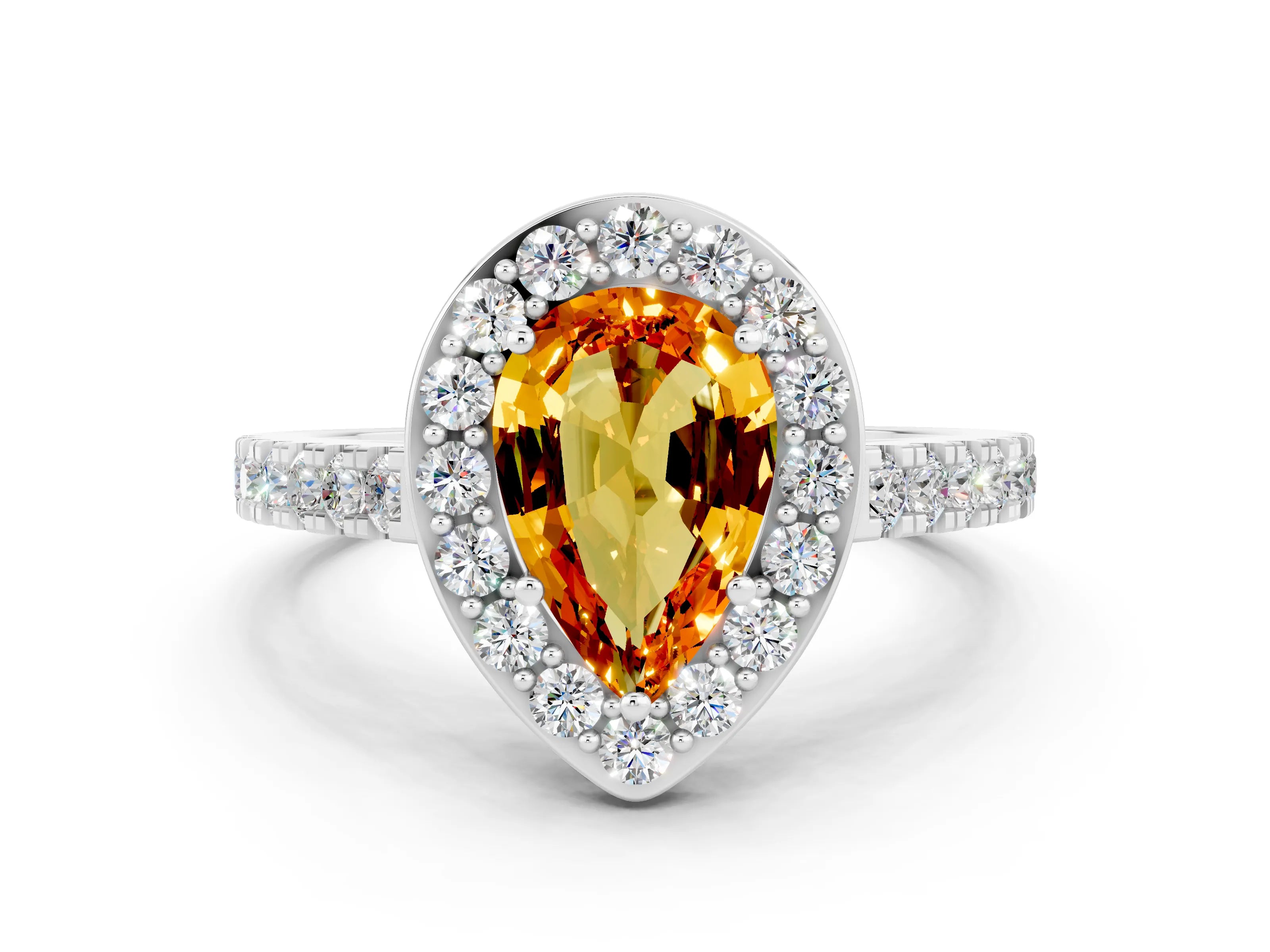 White gold Pear Cut Halo Diamond Ring with Pavé Band and Three-Prong Setting_12