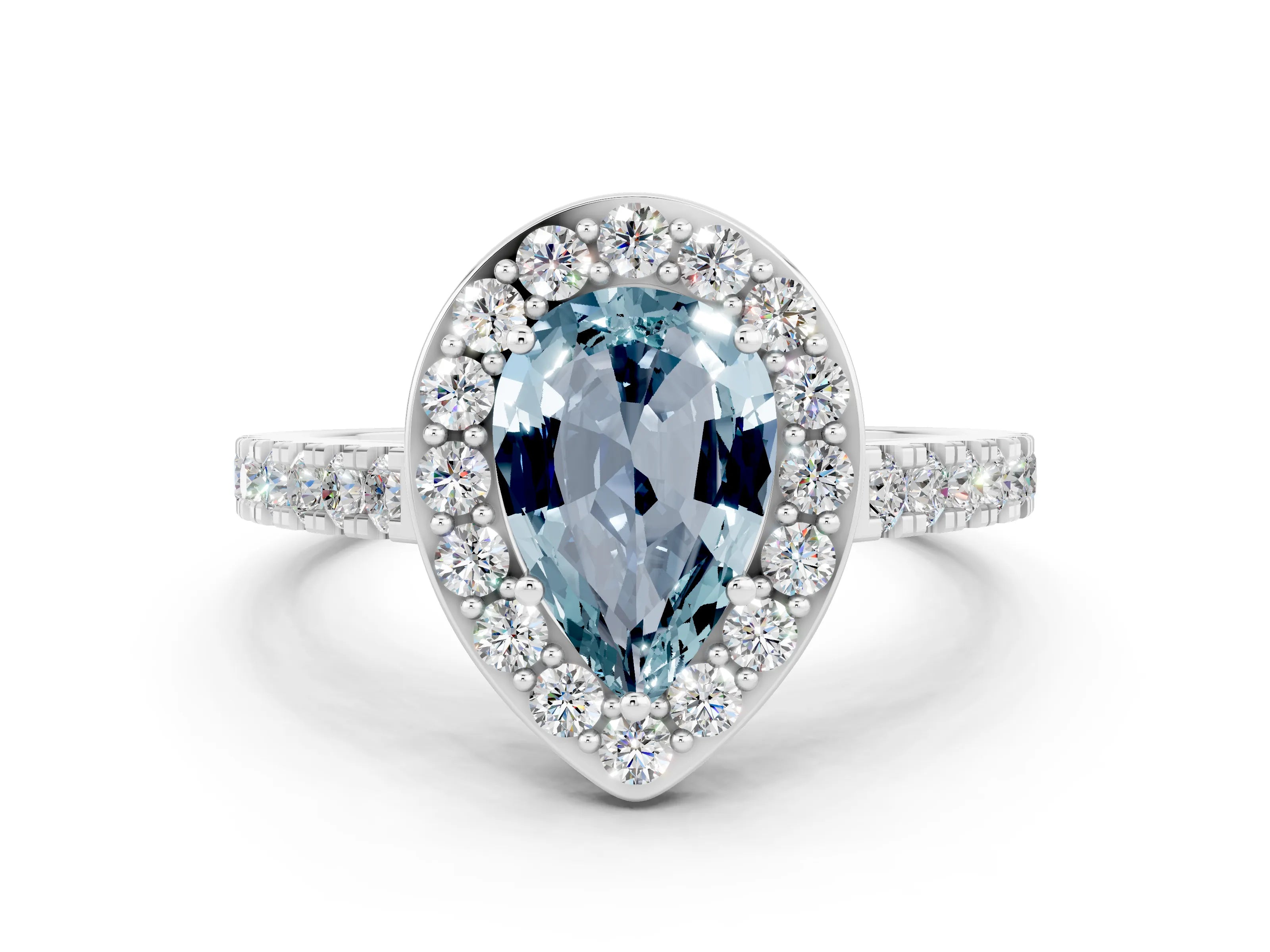 White gold Pear Cut Halo Diamond Ring with Pavé Band and Three-Prong Setting_12