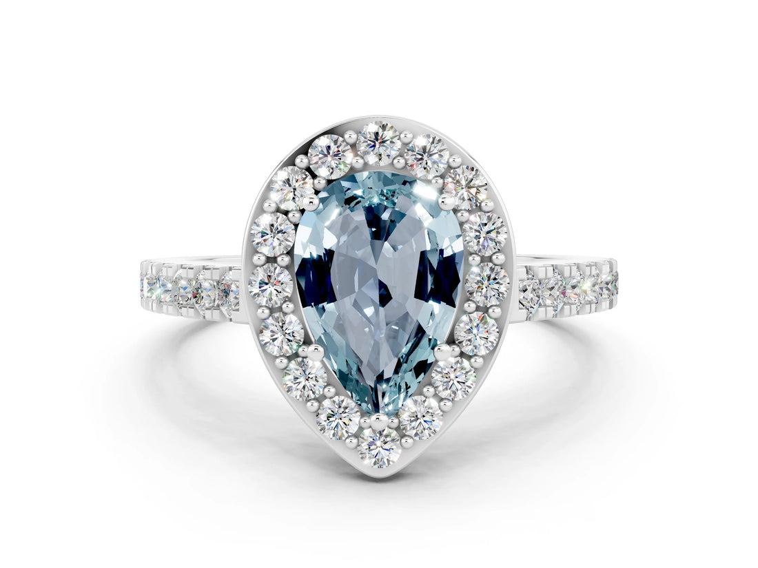 White gold Pear Cut Halo Diamond Ring with Pavé Band and Three-Prong Setting_12