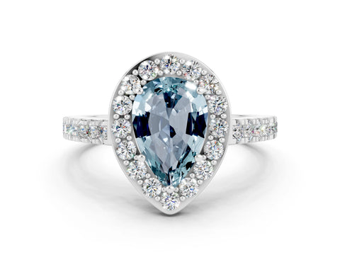 White gold Pear Cut Halo Diamond Ring with Pavé Band and Three-Prong Setting_12