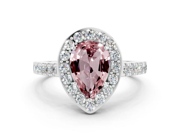 Platinum Pear Cut Halo Diamond Ring with Pavé Band and Three-Prong Setting