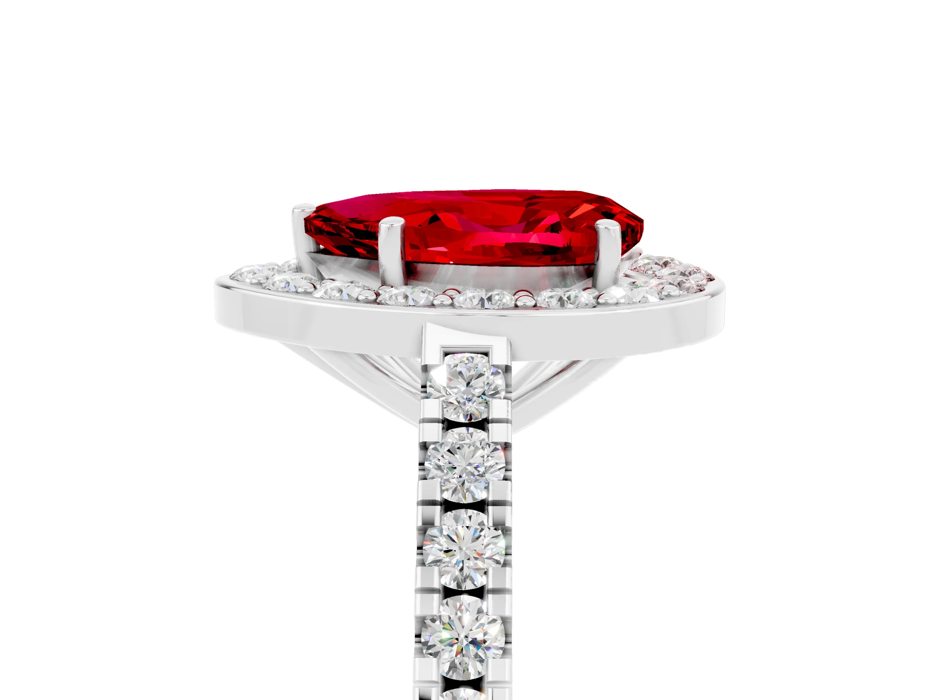 White gold Pear Cut Halo Diamond Ring with Pavé Band and Three-Prong Setting_12
