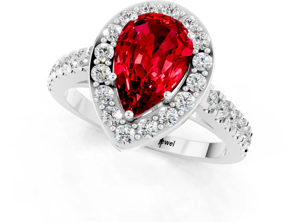 Platinum Pear Cut Ruby Halo Ring with Round Pavé Split Shank and Prong Setting