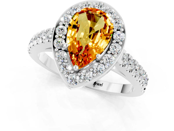 Platinum Pear Cut Citrine Halo Ring with Round Pavé Split Shank and Prong Setting