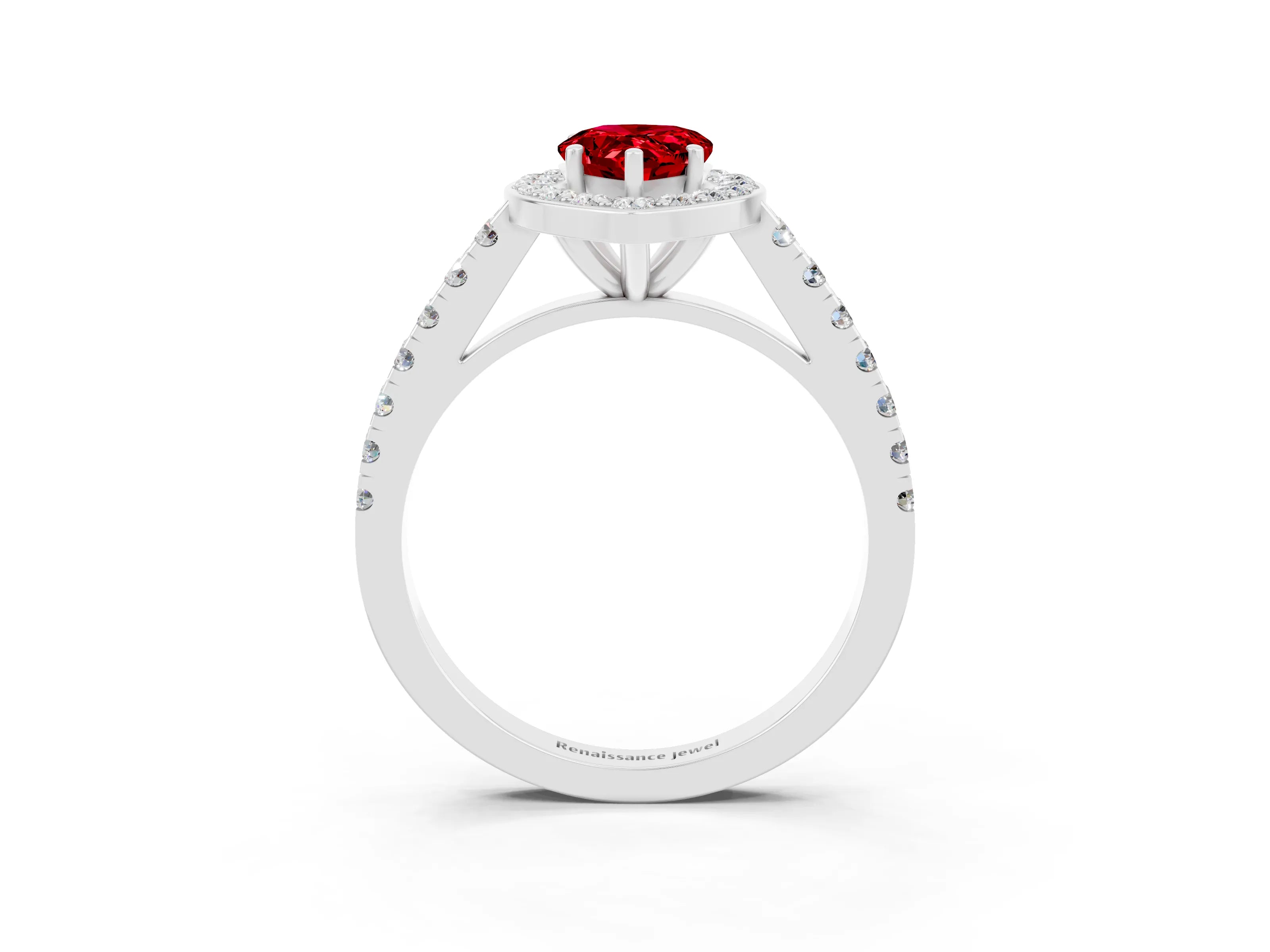 White gold Pear Cut Halo Diamond Ring with Pavé Band and Three-Prong Setting_15