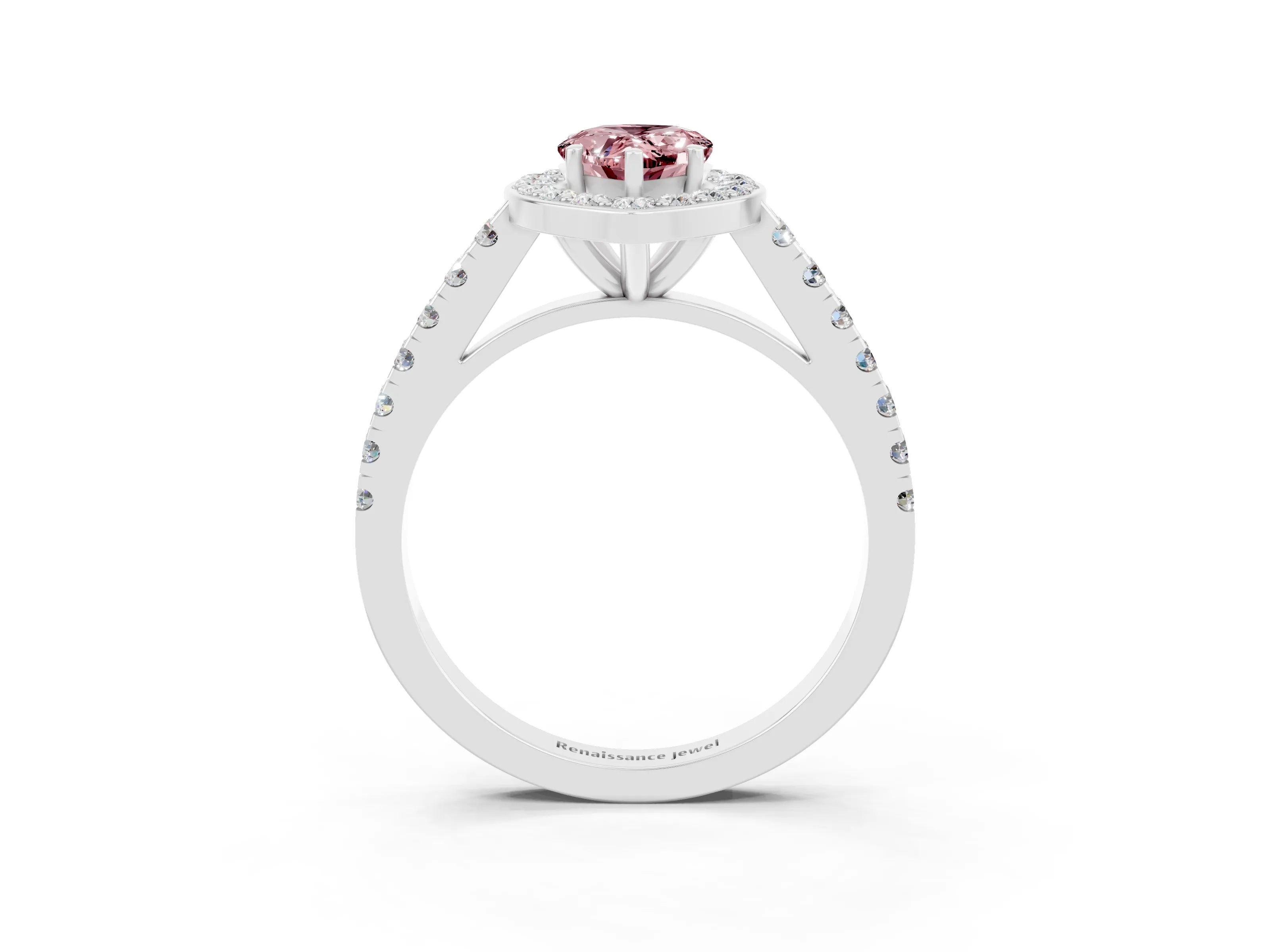White gold Pear Cut Halo Diamond Ring with Pavé Band and Three-Prong Setting_15