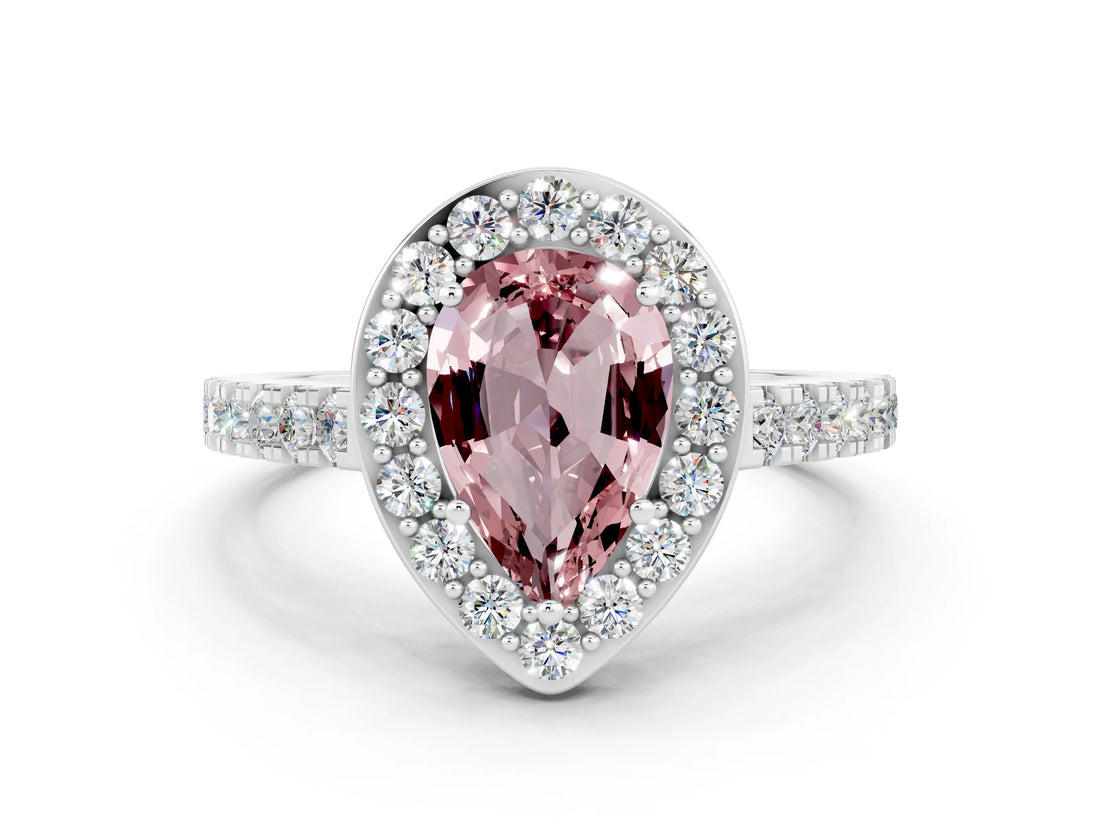 White gold Pear Cut Halo Diamond Ring with Pavé Band and Three-Prong Setting_18