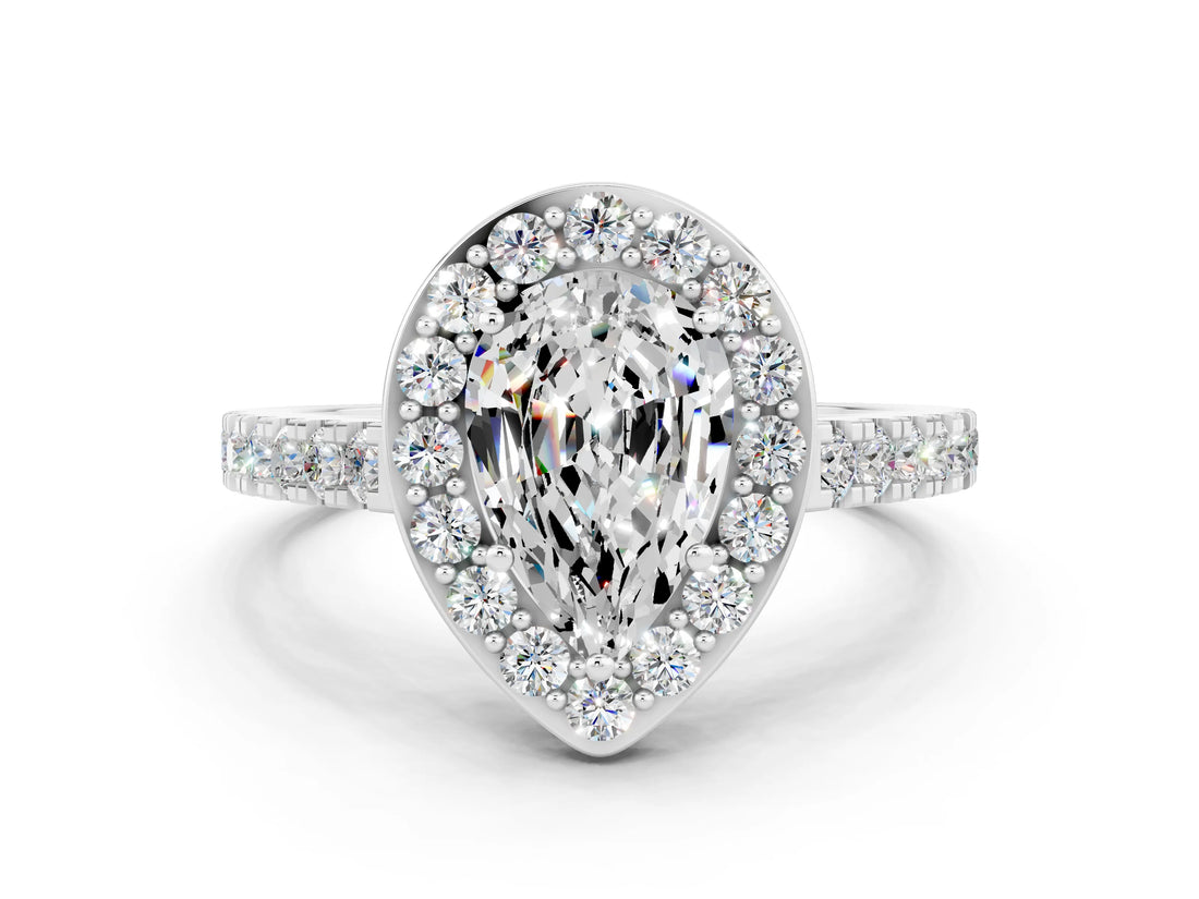 White gold Pear Cut Halo Diamond Ring with Pavé Band and Three-Prong Setting_18