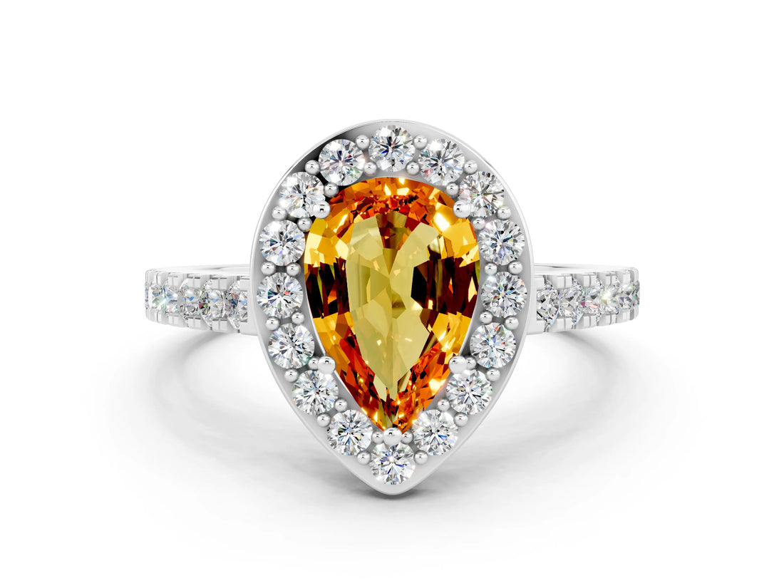 White gold Pear Cut Halo Diamond Ring with Pavé Band and Three-Prong Setting_18