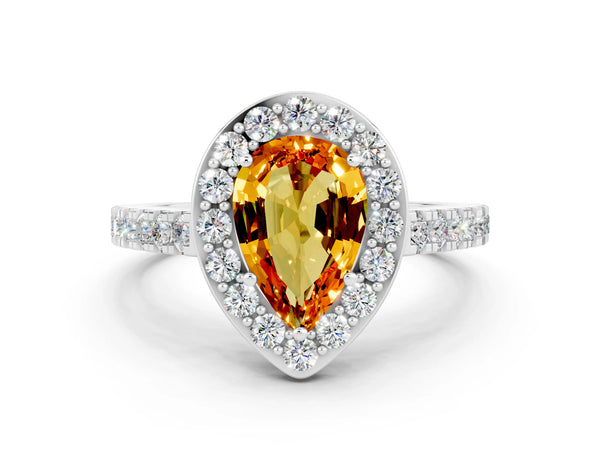 White gold Pear Cut Citrine Halo Ring with Round Pavé Split Shank and Prong Setting