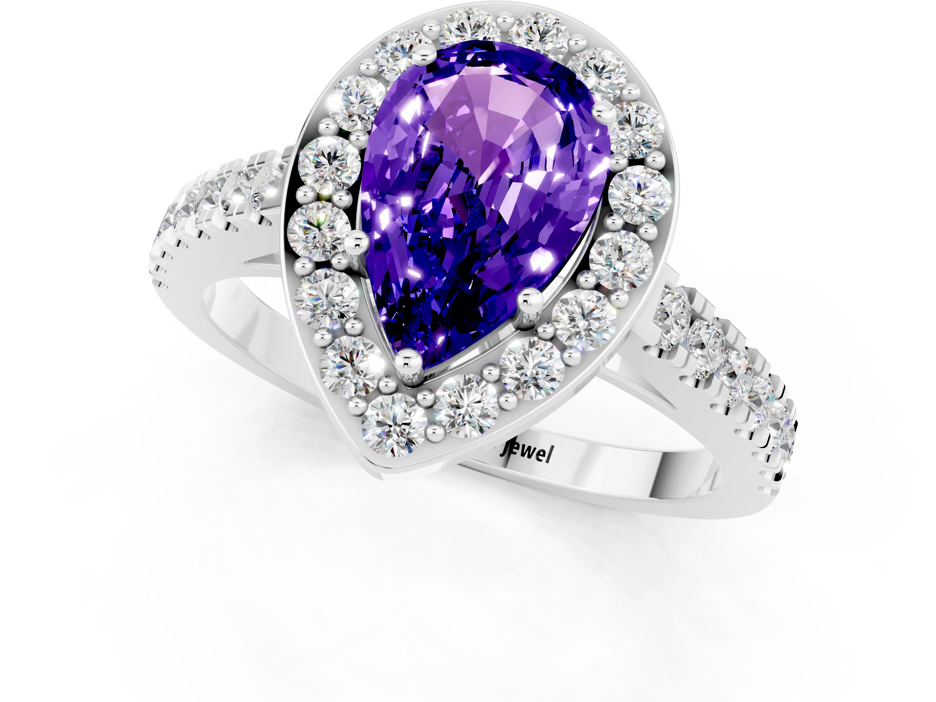 White gold Pear Cut Halo Diamond Ring with Pavé Band and Three-Prong Setting_1
