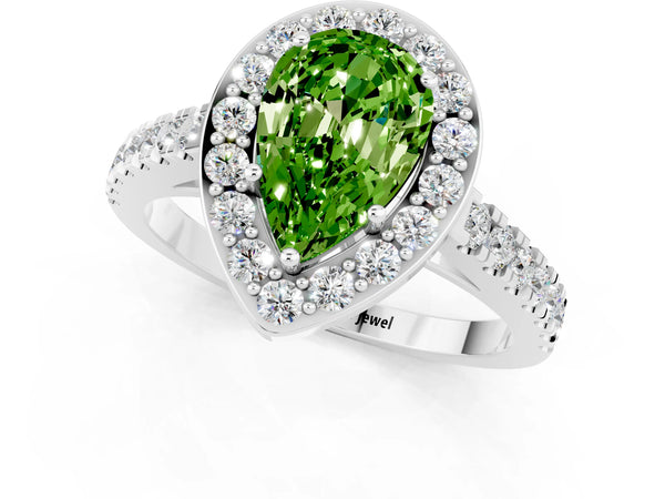 White gold Pear Cut Halo Diamond Ring with Pavé Band and Three-Prong Setting