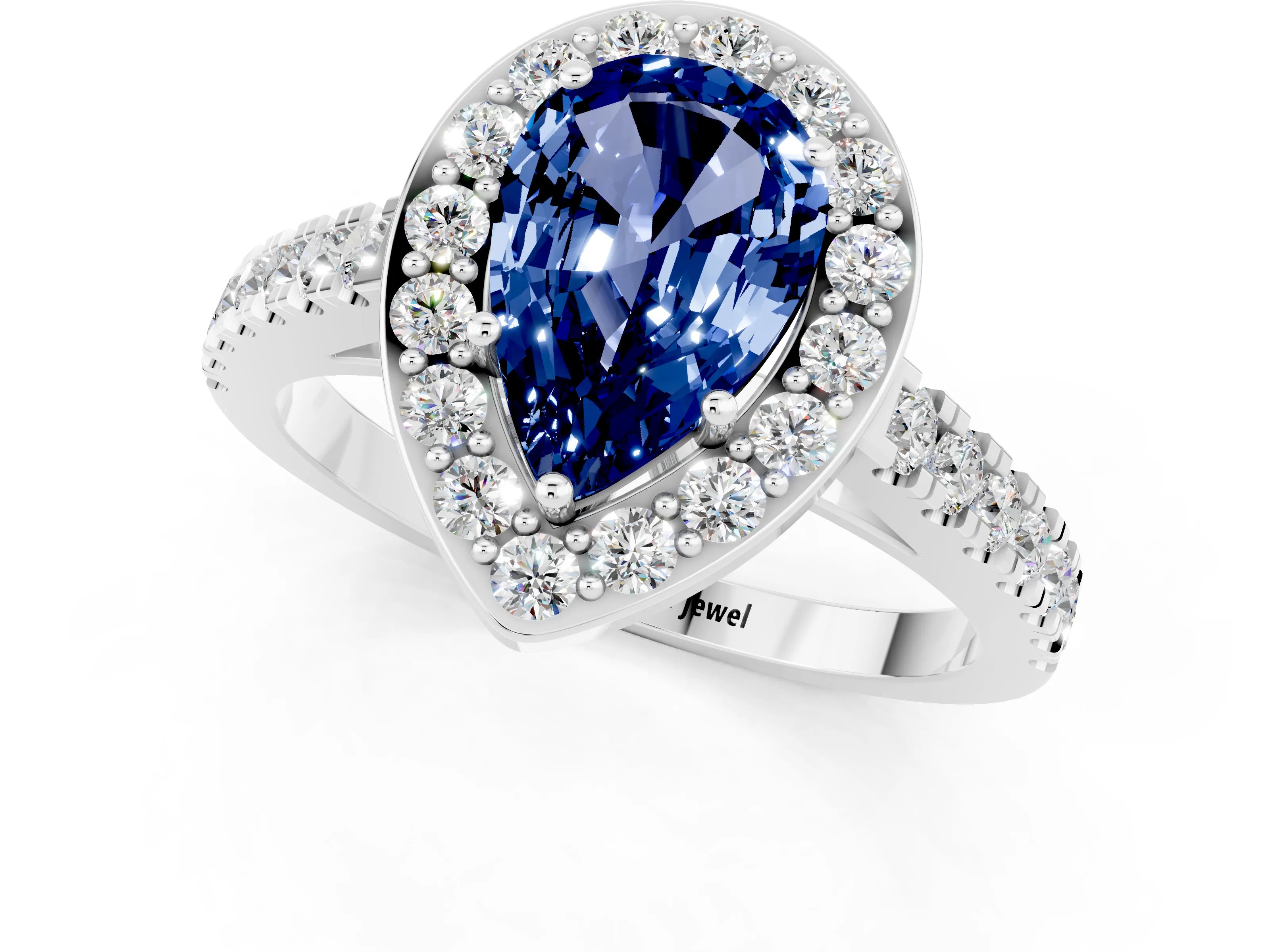 White gold Pear Cut Halo Diamond Ring with Pavé Band and Three-Prong Setting_1