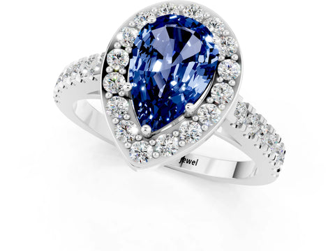 White gold Pear Cut Halo Diamond Ring with Pavé Band and Three-Prong Setting_1