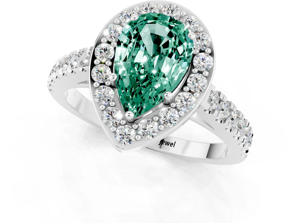Silver Pear Cut Green Sapphire Halo Ring with Round Pavé Split Shank and Prong Setting