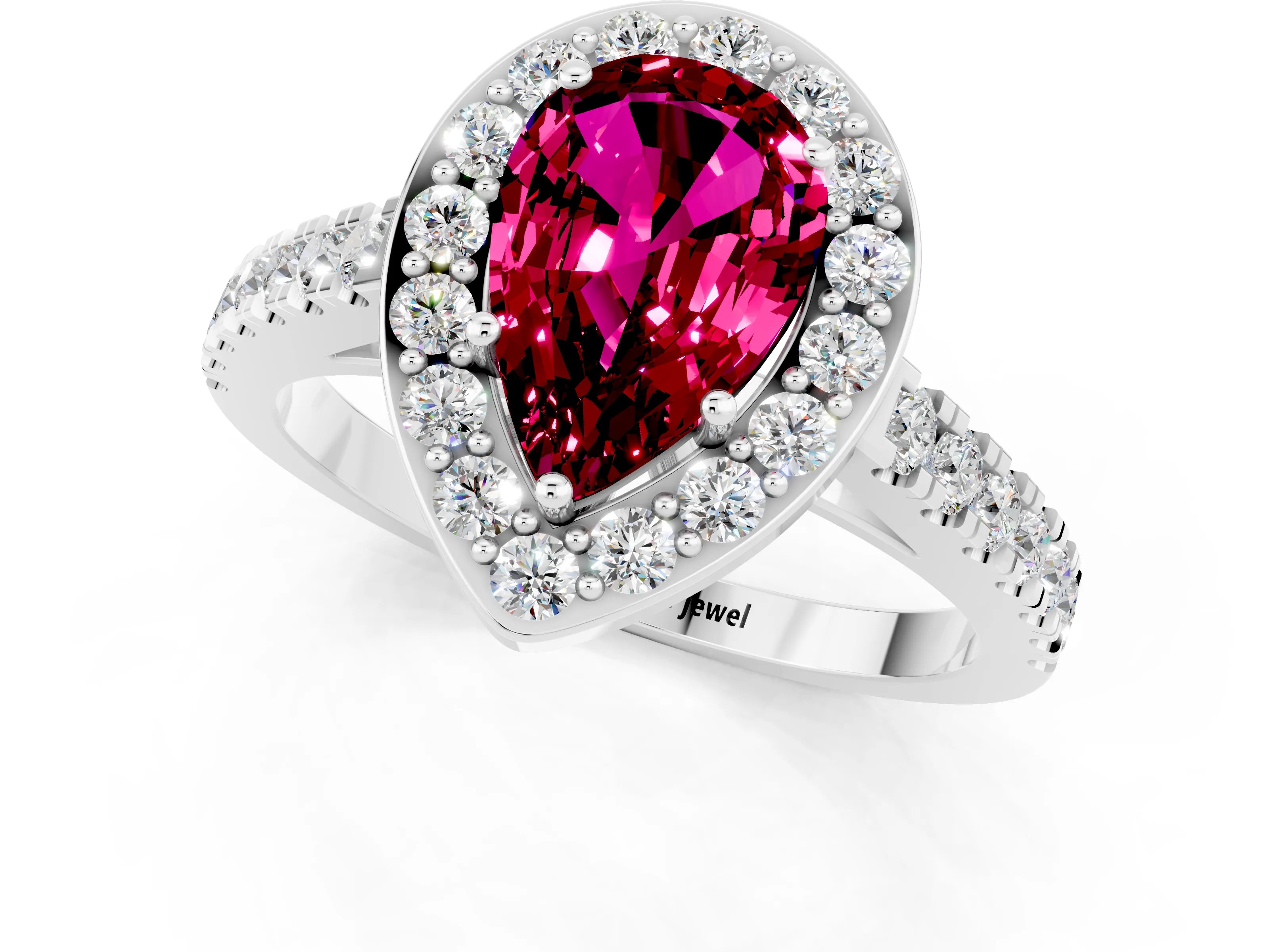 White gold Pear Cut Halo Diamond Ring with Pavé Band and Three-Prong Setting_1
