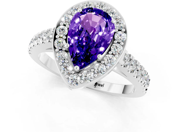 Platinum Pear Cut Tanzanite Halo Ring with Round Pavé Split Shank and Prong Setting