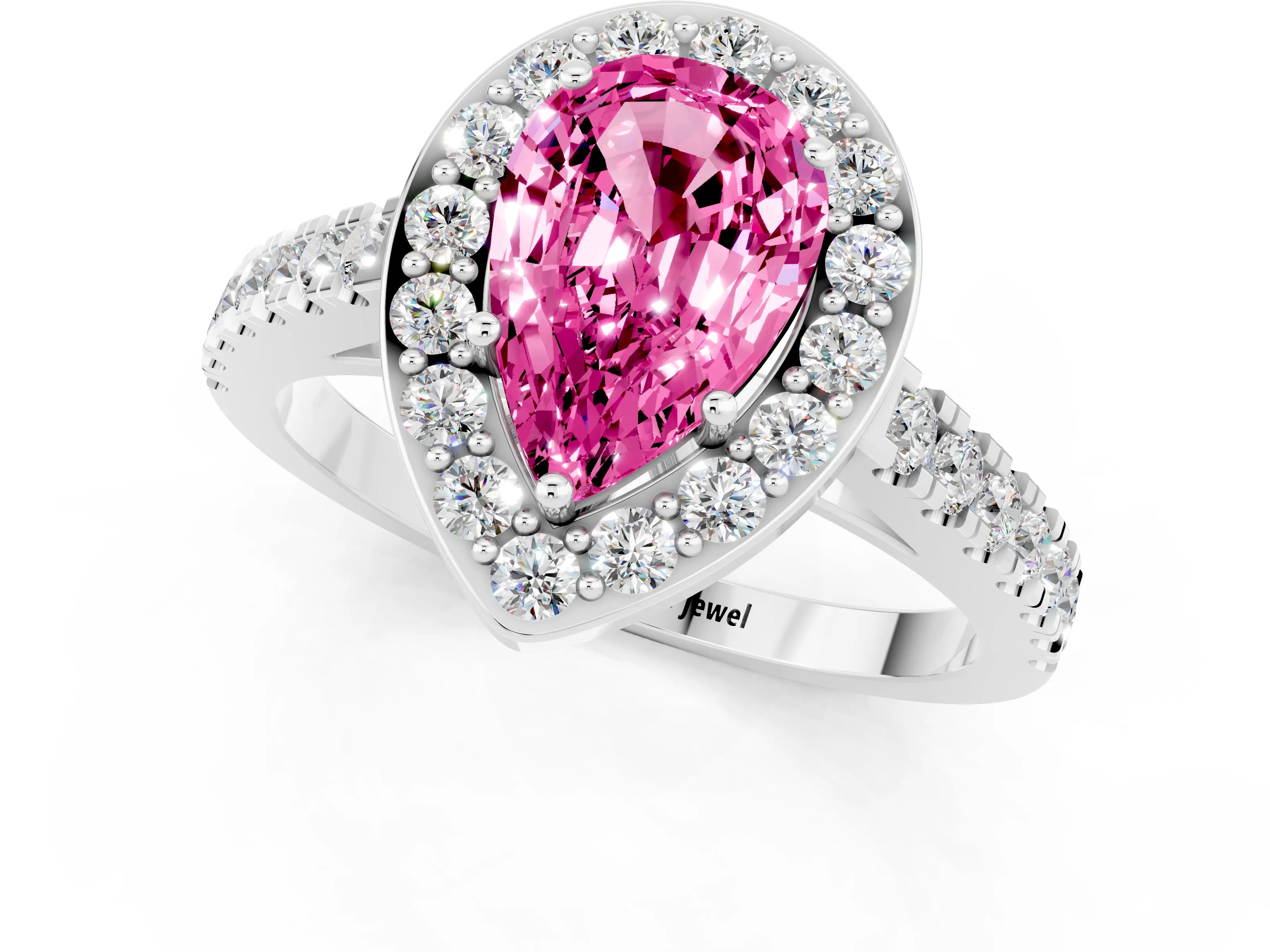 White gold Pear Cut Halo Diamond Ring with Pavé Band and Three-Prong Setting_1