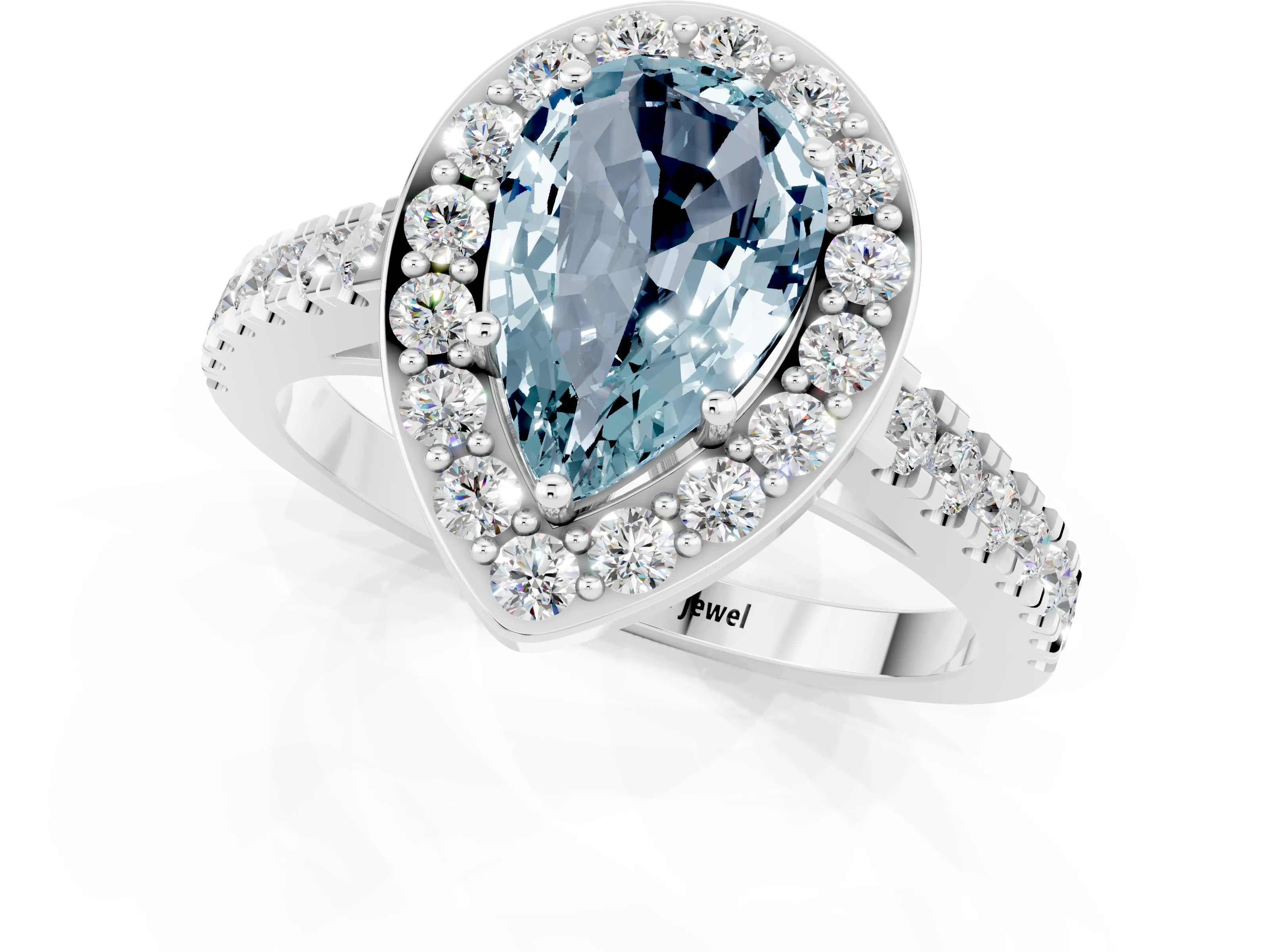 White gold Pear Cut Halo Diamond Ring with Pavé Band and Three-Prong Setting_1