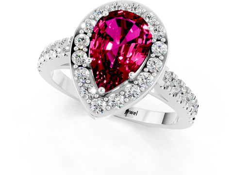 White gold Pear Cut Halo Diamond Ring with Pavé Band and Three-Prong Setting_1