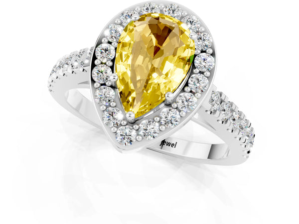 Silver Pear Cut Yellow Sapphire Halo Ring with Round Pavé Split Shank and Prong Setting