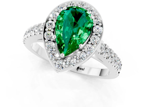 Platinum Pear Cut Emerald Halo Ring with Round Pavé Split Shank and Prong Setting
