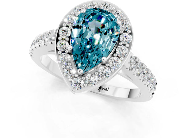 Silver Pear Cut Halo Diamond Ring with Pavé Band and Three-Prong Setting