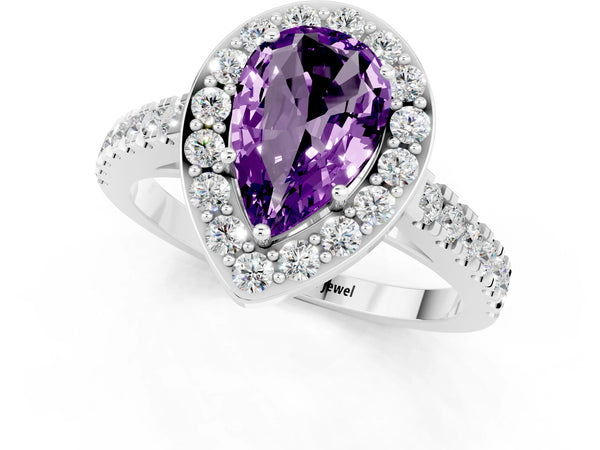 Platinum Pear Cut Amethyst Halo Ring with Round Pavé Split Shank and Prong Setting