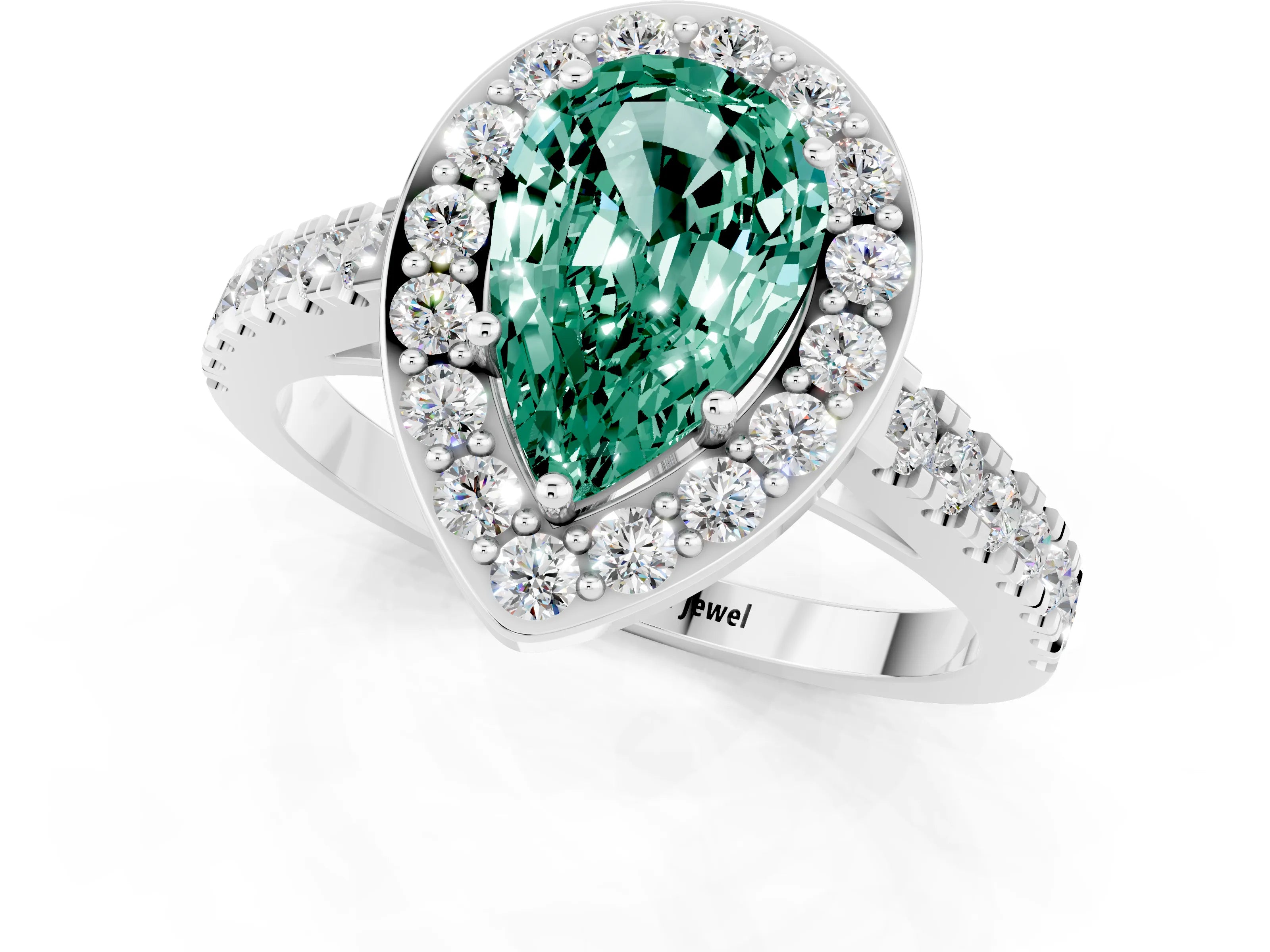 White gold Pear Cut Halo Diamond Ring with Pavé Band and Three-Prong Setting_1