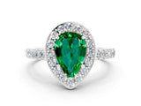 White gold Pear Cut Halo Diamond Ring with Pavé Band and Three-Prong Setting