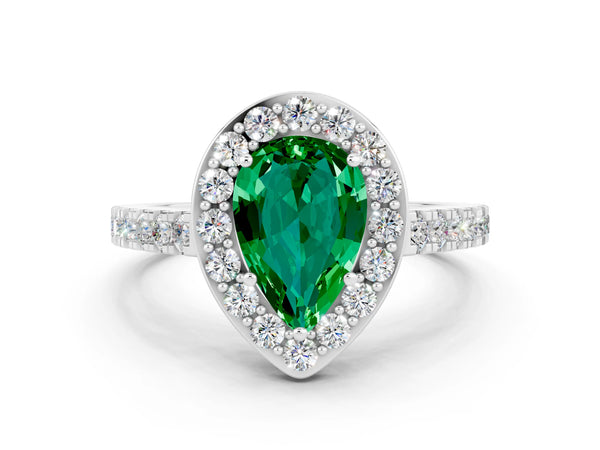 Platinum Pear Cut Emerald Halo Ring with Round Pavé Split Shank and Prong Setting