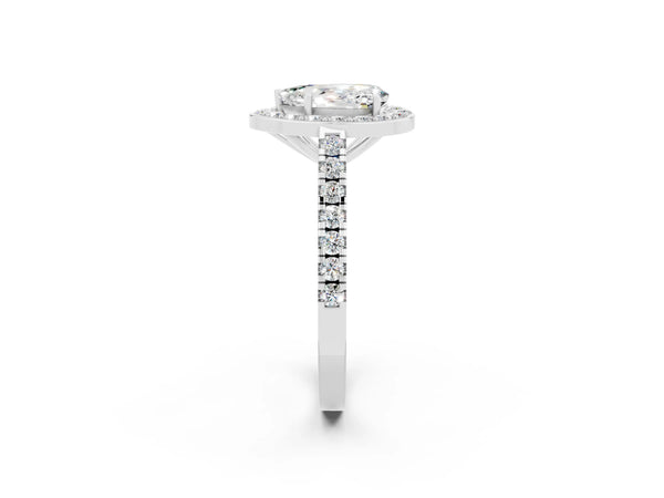 White gold Pear Cut Moissanite Halo Ring with Round Pavé Split Shank and Prong Setting