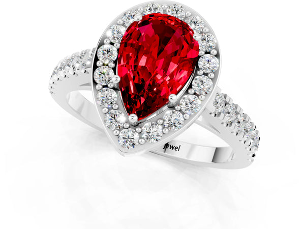 White gold Pear Cut Ruby Halo Ring with Round Pavé Split Shank and Prong Setting