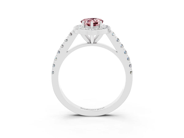 White gold Pear Cut Halo Diamond Ring with Pavé Band and Three-Prong Setting