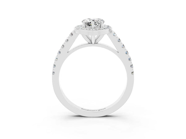 White gold Pear Cut Moissanite Halo Ring with Round Pavé Split Shank and Prong Setting