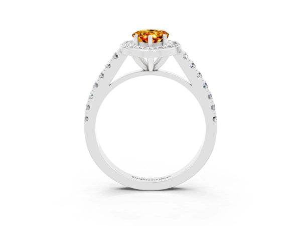 White gold Pear Cut Citrine Halo Ring with Round Pavé Split Shank and Prong Setting