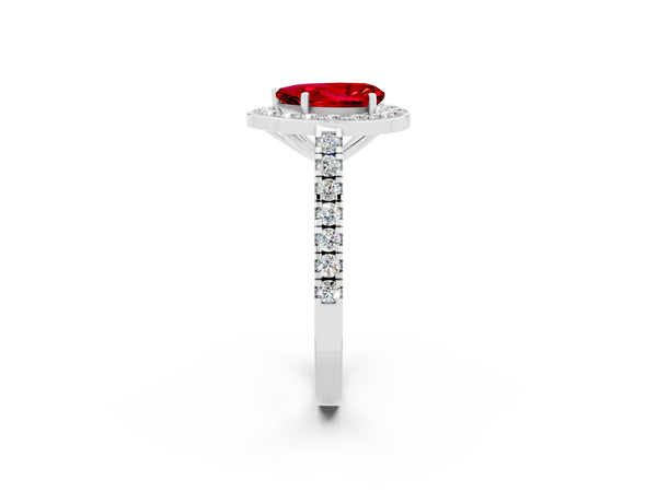 White gold Pear Cut Ruby Halo Ring with Round Pavé Split Shank and Prong Setting