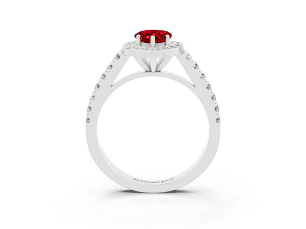 White gold Pear Cut Ruby Halo Ring with Round Pavé Split Shank and Prong Setting