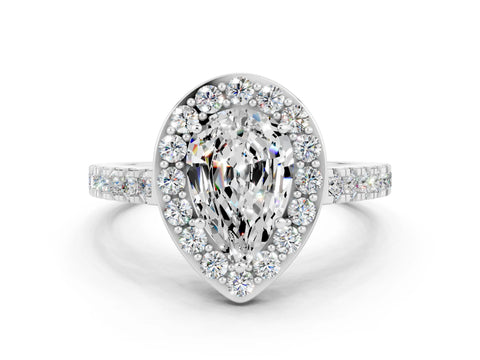 White gold Pear Cut Halo Diamond Ring with Pavé Band and Three-Prong Setting_22