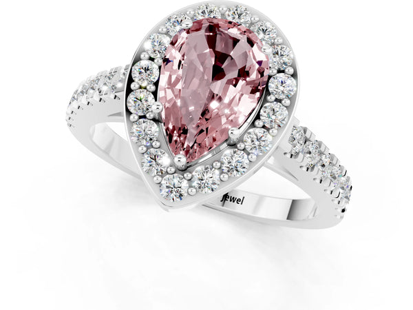 Silver Pear Cut Halo Diamond Ring with Pavé Band and Three-Prong Setting