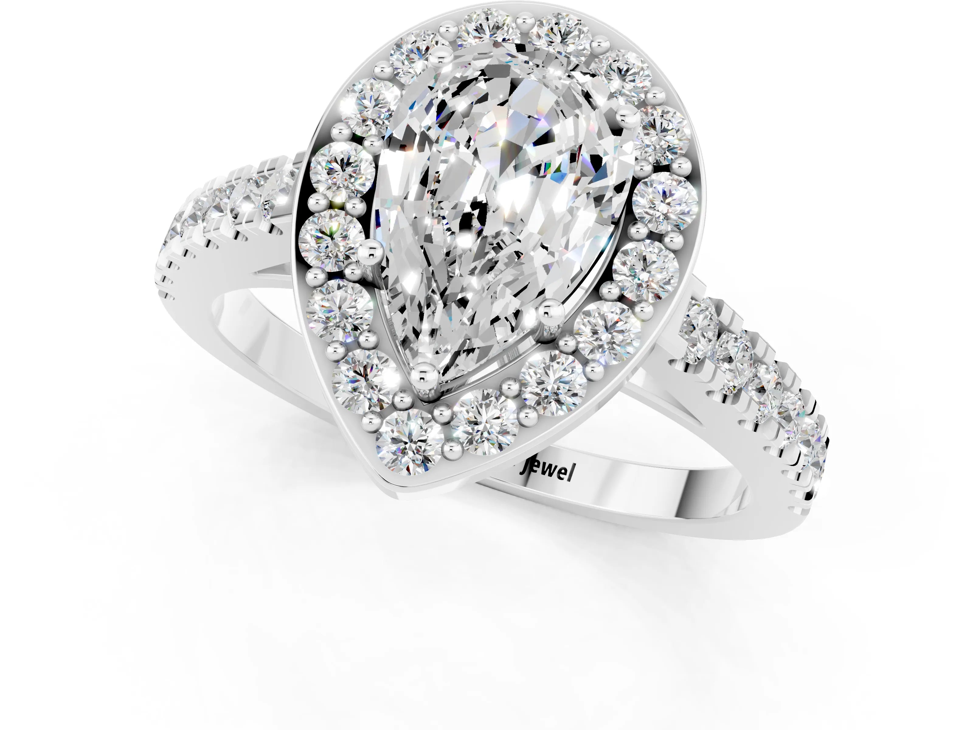 White gold Pear Cut Halo Diamond Ring with Pavé Band and Three-Prong Setting_23