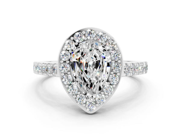 Platinum Pear Cut Moissanite Halo Ring with Round Pavé Split Shank and Prong Setting