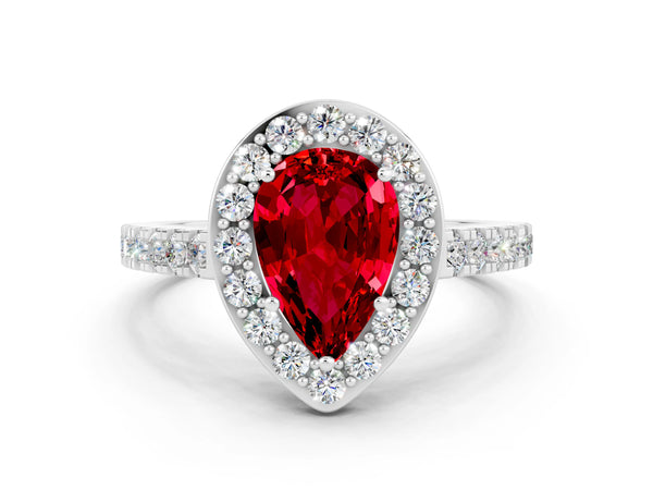 Silver Pear Cut Ruby Halo Ring with Round Pavé Split Shank and Prong Setting
