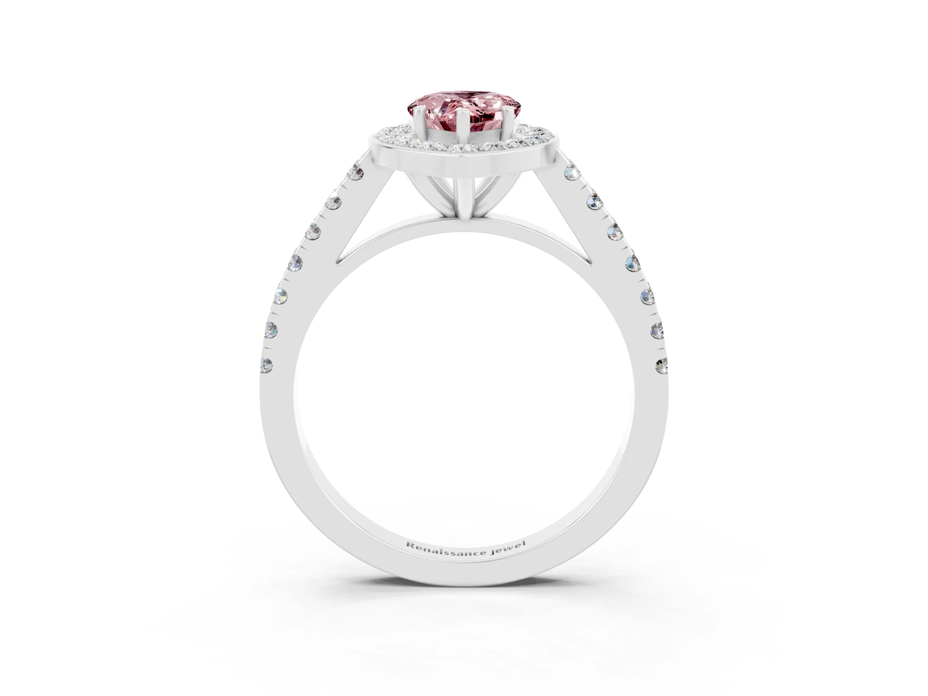 White gold Pear Cut Halo Diamond Ring with Pavé Band and Three-Prong Setting_25