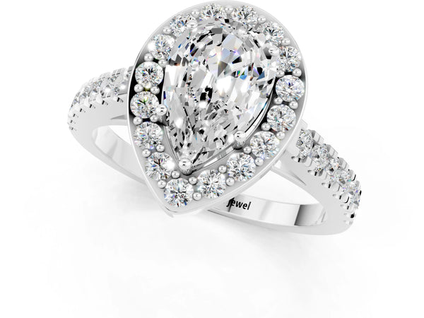 Platinum Pear Cut Moissanite Halo Ring with Round Pavé Split Shank and Prong Setting