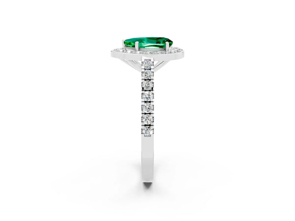 Silver Pear Cut Emerald Halo Ring with Round Pavé Split Shank and Prong Setting