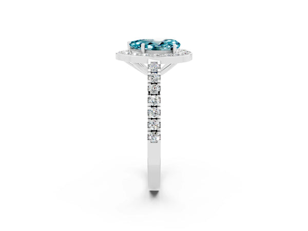 Silver Pear Cut Halo Diamond Ring with Pavé Band and Three-Prong Setting