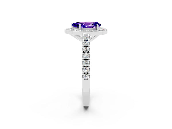 White gold Pear Cut Tanzanite Halo Ring with Round Pavé Split Shank and Prong Setting