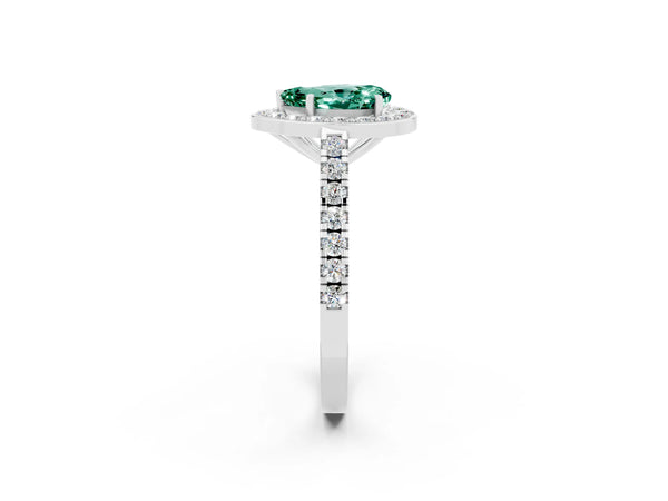 Silver Pear Cut Green Sapphire Halo Ring with Round Pavé Split Shank and Prong Setting