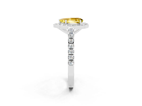 Platinum Pear Cut Yellow Sapphire Halo Ring with Round Pavé Split Shank and Prong Setting